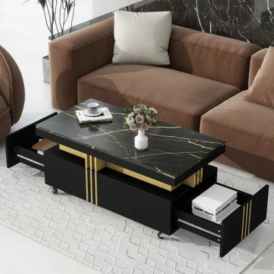 Contemporary Coffee Table with Faux Marble Top, Black