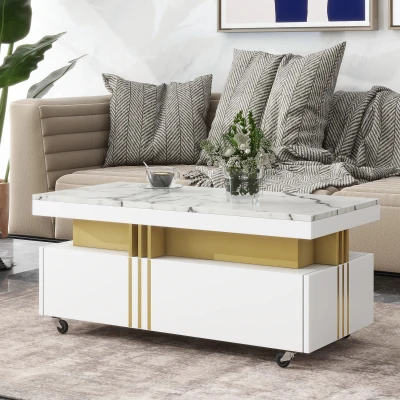 Contemporary Coffee Table with Faux Marble Top, White
