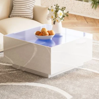 Square High Glossy Coffee Table with 16-Color LED Strip Lights, White