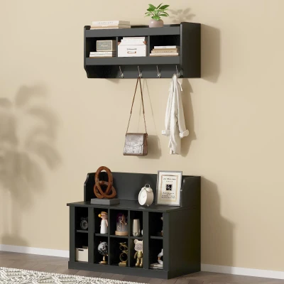 Shoe Cabinet Storage with Shelves and 4 Hooks, Black