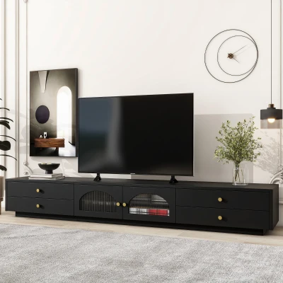 Luxurious TV Stand with Fluted Glass Doors, Black