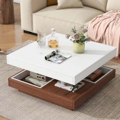Square 360° Rotating Wood Coffee Table with 3 Detachable Trays, White+Walnut