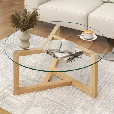 Round Coffee Table with Tempered Glass Top and Sturdy Wood Base, Natural