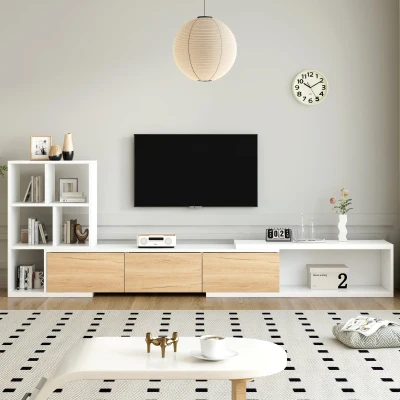 Extendable TV Stand with 3-Tier Bookshelves, White