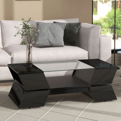Glass-Top Coffee Table with Open Shelves and Cabinets, Black