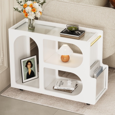 Mobile End Table with Lockable Wheels, White