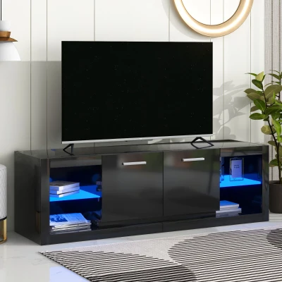 Modern TV Stand for TVs Up to 70'' with 2 Tempered Glass Shelves, Black