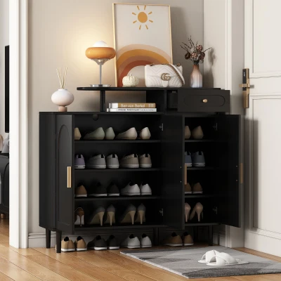Elegant Shoe Cabinet with Arched Doors and Drawer, Black