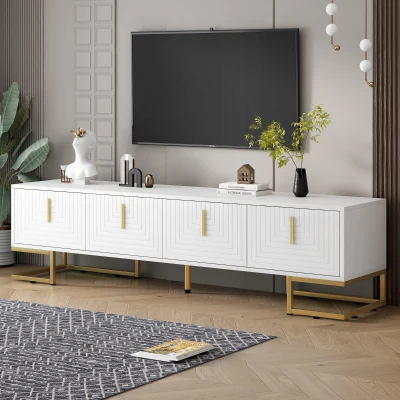 Modern TV Stand with Metal Legs and Gold Handles for TVs Up to 80", White+Gold