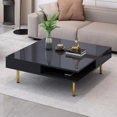 Exquisite High Gloss Coffee Table with 4 Golden Legs, Black