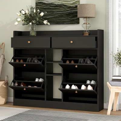 Modern Shoe Cabinet with 4 Flip Drawers, Black