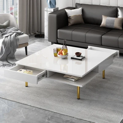 Exquisite High Gloss Coffee Table with 4 Golden Legs, White
