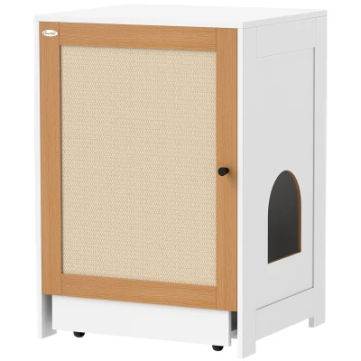PawHut Cat Litter Box Enclosure, Hidden Litter Box Furniture with Pull-Out Tray, Storage Cabinet, Scratching Mat, Oak