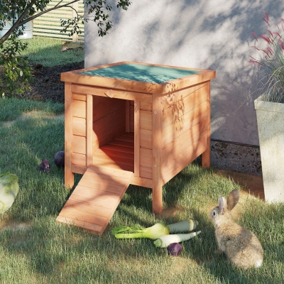 PawHut Wooden Rabbit Hutch Bunny Cage Outdoor Cat House Guinea Pig Cage Duck Shelter, Indoor Outdoor Use, 20"x16.5"x17", Orange