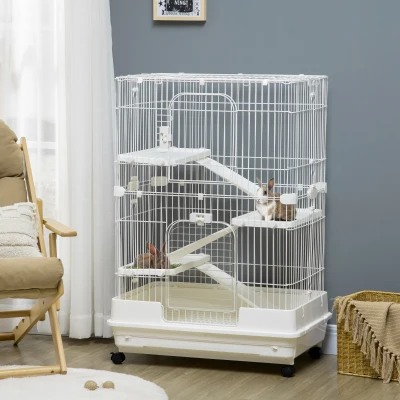 PawHut 32"L 4-Level Rabbit Hutch with Lockable Wheels, White