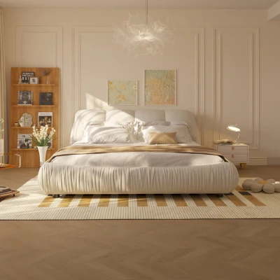 Queen Size Upholstered Bed with Oversized Padded Backrest, Beige