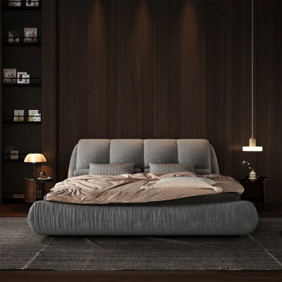 Queen Size Upholstered Bed with Oversized Padded Backrest, Grey