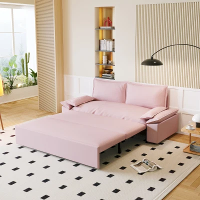 70" 3-in-1 Convertible Sleeper Sofa with 2 Soft Pillows, Pink