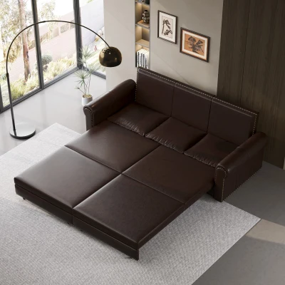 94" 3-in-1 Convertible Sleeper Sofa with Nailhead Trim & Rolled Arm, Dark Brown