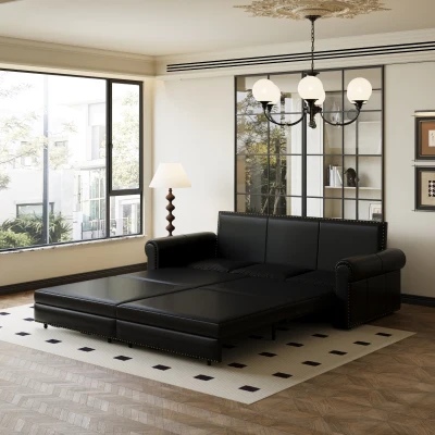 94" 3-in-1 Convertible Sleeper Sofa with Nailhead Trim & Rolled Arm, Black