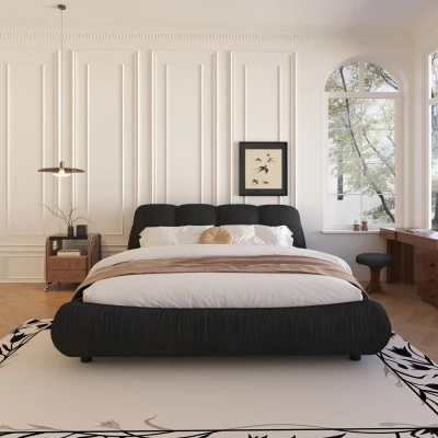 King Size Upholstered Bed with Oversized Padded Backrest, Black