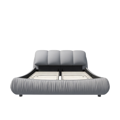 Queen Size Upholstered Bed with Oversized Padded Backrest, Grey
