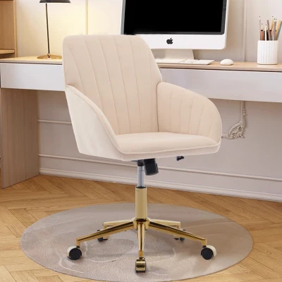Adjustable Ergonomic Swivel Chair with Velvet Cushion and Golden Base, khaki
