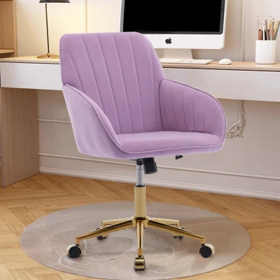 Adjustable Ergonomic Swivel Chair with Golden Base and Lumbar Support, Lilac