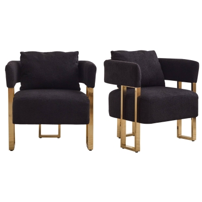 2-Set Living Room Teddy Fleece Upholstered Side Chair with Gold Metal Legs, Black+Gold
