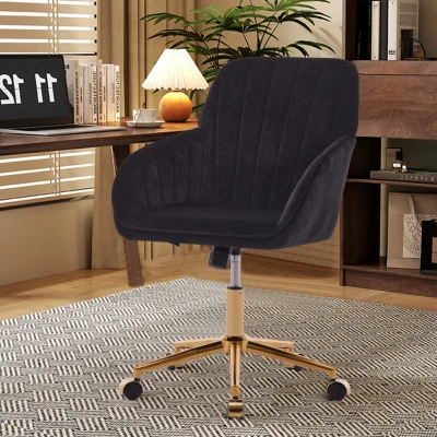 Adjustable Ergonomic Swivel Chair with Velvet Cushion and Lumbar Support, Black