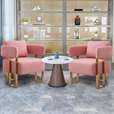 2er-Set Living Room Teddy Fleece Upholstered Side Chair with Gold Metal Legs, Pink