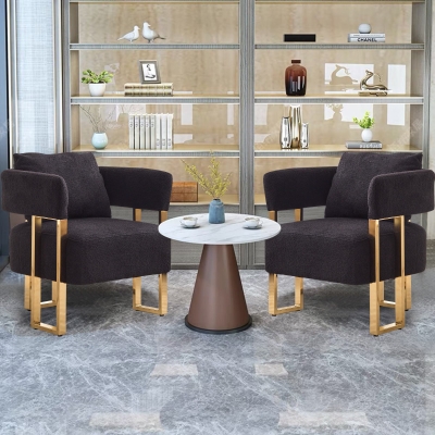 2-Set Living Room Teddy Fleece Upholstered Side Chair with Gold Metal Legs, Black+Gold
