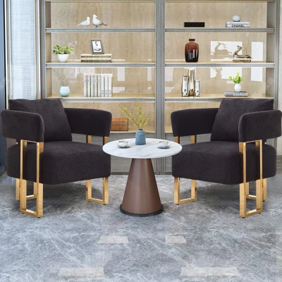 2-Set Living Room Teddy Fleece Upholstered Side Chair with Gold Metal Legs, Black+Gold