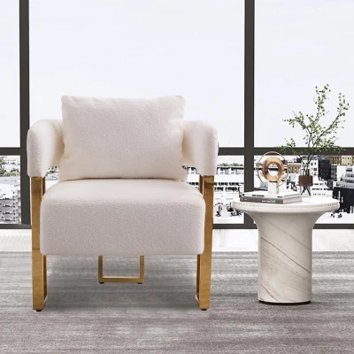 Modern Living Room Side Chair with Gold Metal Legs, White+Gold