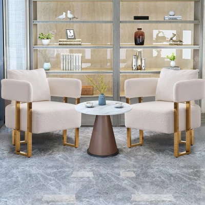 2-Set Living Room Teddy Fleece Upholstered Side Chair with Gold Metal Legs, White+Gold