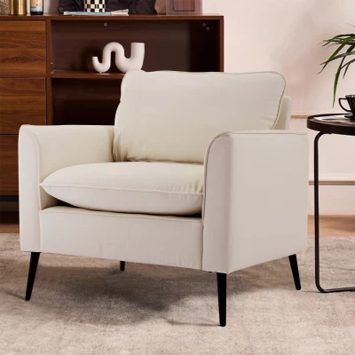 Leather Upholstered Sofa Chair of Nordic Retro Light Luxury for Living Room and Bedroom, Cream White