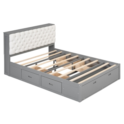 Wood Queen Size Platform Bed with Storage Headboard, Gray