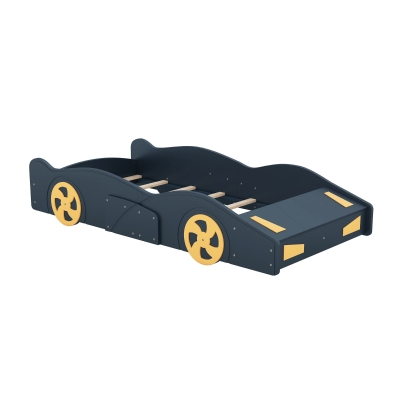Twin Size Race Car-Shaped Platform Bed with Wheels and Storage, Dark Blue
