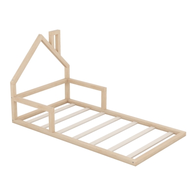 Twin Size Wood Floor Bed with House-Shaped Headboard, Natural