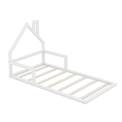 Twin Size Wood Floor Bed with House-Shaped Headboard, White