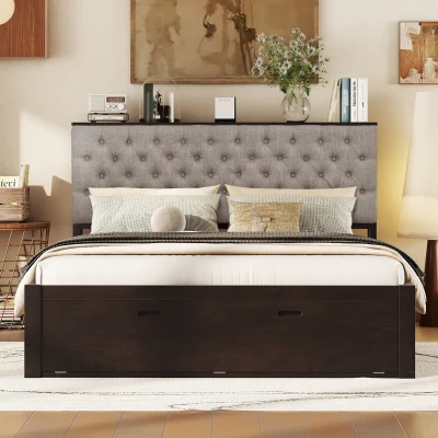 Wood Queen Size Platform Bed with Storage Headboard, Espresso