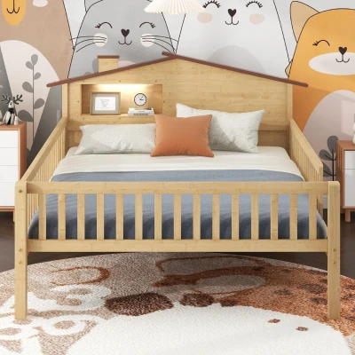 Full Size Wood Platform Bed with House-Shaped Headboard, Natural