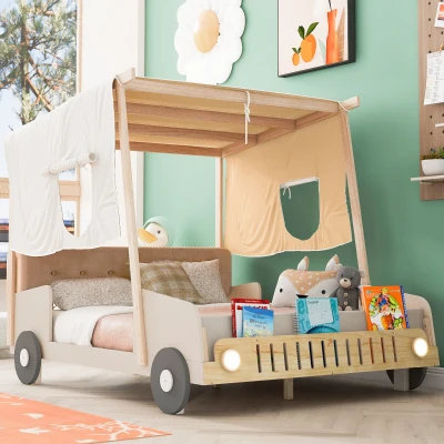 Wood Full Size Car Bed with Pillow, Natural