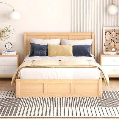 Full Size Wood Platform Bed with Underneath Storage, Natural