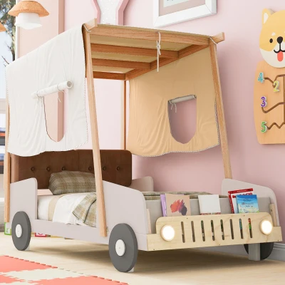 Wood Twin Size Car Bed with Pillow, Natural