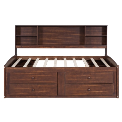 Full Size Wooden Captain Bed with Storage Shelves, Antique brown
