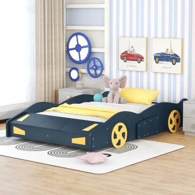 Full Size Race Car-Shaped Platform Bed with Wheels and Storage, Dark Blue