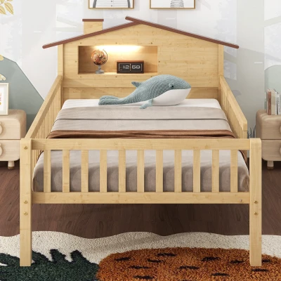 Twin Size Wood Platform Bed with House-Shaped Headboard, Natural