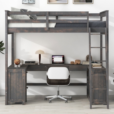 Full Size Loft Bed with U-shaped Desk, Antique Brown