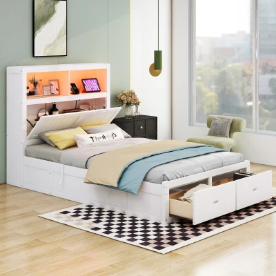 Wood Full Size Hydraulic Platform Bed with Storage LED Headboard, White